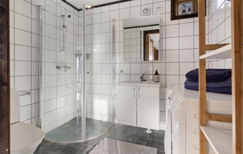 a bathroom with a shower and a toilet and a sink at Amazing Apartment In Merker With Kitchen in Meråker