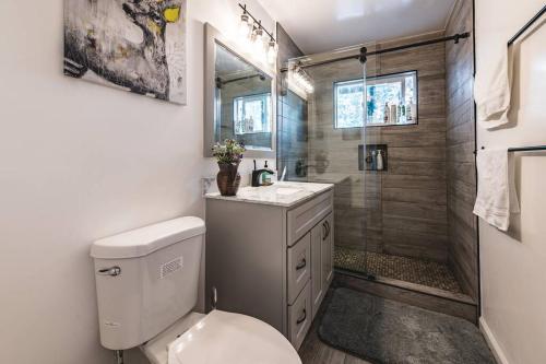 a bathroom with a toilet and a sink and a shower at Stanford Traveler's love & Cozy Bay trail house in East Palo Alto