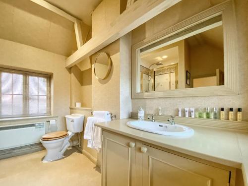 uma casa de banho com um WC, um lavatório e um espelho. em Oaklands Farm - Cottage 4 em Broughton