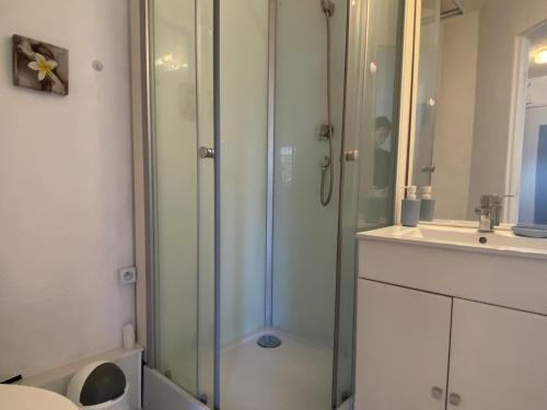 une salle de bain avec une douche en verre et un lavabo dans l'établissement Appartement 2P rénové, vue mer, parking, plage en face - FR-1-338-530, à Sète