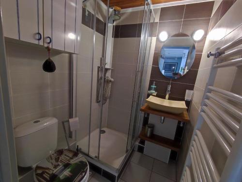 une salle de bain avec une douche, des toilettes et un lavabo dans l'établissement Pavillon Climatisé Près de la Plage avec Terrasse, Parking et Confort Moderne - FR-1-776-7, à Argelès-sur-Mer