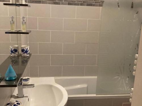 une salle de bain avec un lavabo et une douche dans l'établissement Bel appartement 2 chambres à 150m de la plage avec terrasse et wifi gratuit - FR-1-323-453, à Saint-Jean-de-Monts