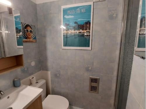 La salle de bains est pourvue de toilettes et d'une affiche murale. dans l'établissement Appartement cosy 2P à 200m de la plage avec parking - 4 pers, Argelès-sur-Mer - FR-1-776-28, à Argelès-sur-Mer
