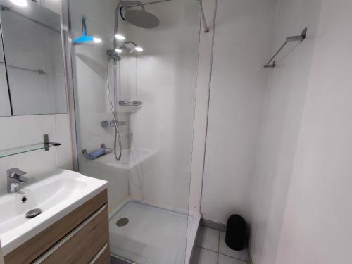 ein weißes Bad mit einer Dusche und einem Waschbecken in der Unterkunft Appartement Saint-Cyprien, 2 pièces, 4 personnes - FR-1-776-22 in Saint-Cyprien