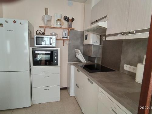 La cuisine est équipée d'un réfrigérateur blanc et d'un four micro-ondes. dans l'établissement Appartement climatisé 2 pièces avec parking, animaux admis, 500m de la plage - FR-1-776-38, à Argelès-sur-Mer