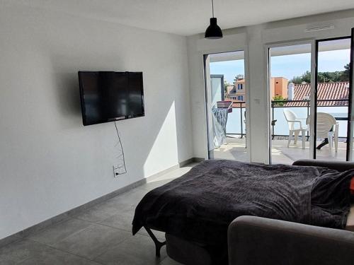 une chambre avec un lit et une télévision à écran plat au mur dans l'établissement Appartement Confort 4 Pers, Climatisé, Terrasse, Parking, Proche Plage - FR-1-776-12, à Argelès-sur-Mer