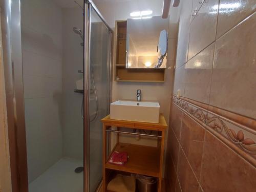 une salle de bain avec un lavabo et une douche dans l'établissement Appartement 3 pièces avec piscine, proche plage et commerces à Argelès-sur-Mer - FR-1-776-47, à Argelès-sur-Mer