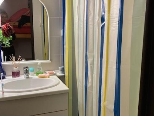 une salle de bain avec un lavabo et un rideau de douche dans l'établissement Studio Cabine 4 Pers. avec Wifi, Piscine, Parking à 500m de la Plage d'Argelès - FR-1-776-54, à Argelès-sur-Mer