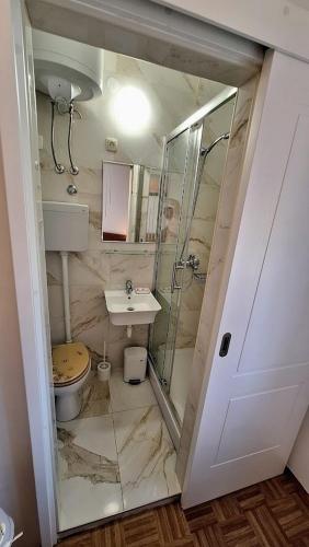 a bathroom with a sink and a toilet and a shower at Apartments by the sea Veli Rat, Dugi otok - 437 in Veli Rat