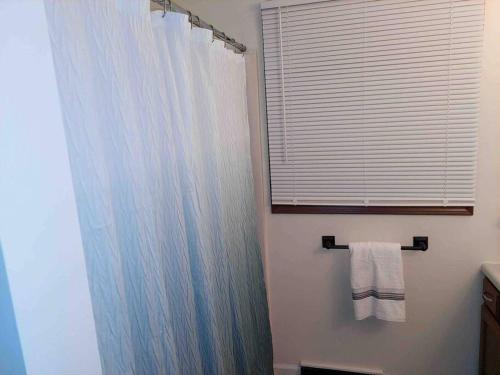 a bathroom with a shower curtain and a towel at ~Como's Finest ~A Home Away From Home ~Sleeps 10 ~ in Columbia