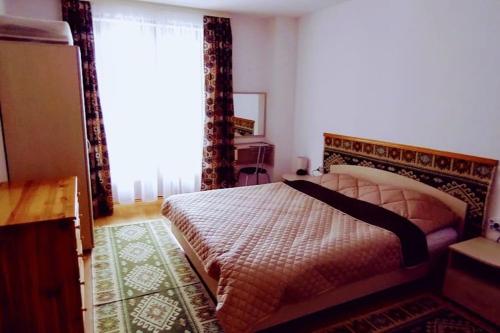 a bedroom with a bed and a large window at Апартамент 9 in Pamporovo