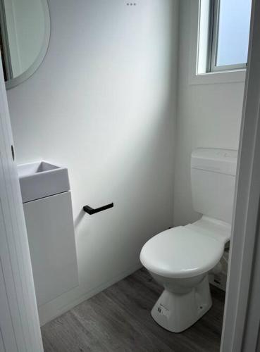 a white bathroom with a toilet and a window at Black Beauty - Spacious Family Retreat for 12 with Spa in Mangakino