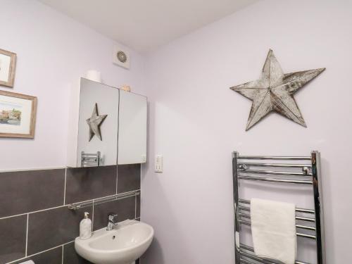 a bathroom with a sink and a starfish on the wall at Stoker's Rest in Whitby