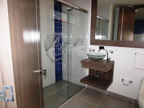 y baño con ducha acristalada y lavamanos. en AW Hotel Plaza Miranda en Bogotá