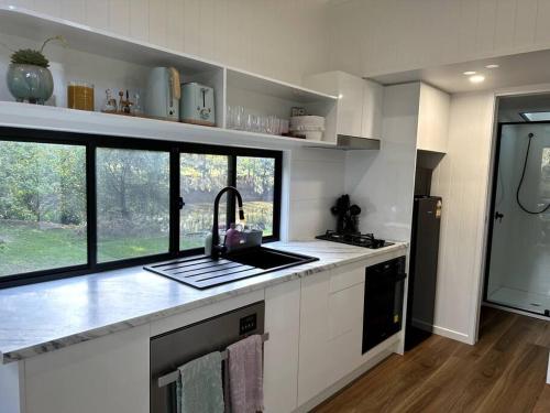 a kitchen with a sink and a counter top at Tiny Home + Donkeys + Alpacas in Tamborine
