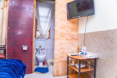 a bathroom with a toilet and a tv in a room at Art and Leisure-EB Hotel in Takoradi