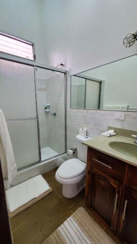 a bathroom with a shower and a toilet and a sink at The Country House in Omoa