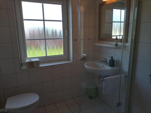 a bathroom with a sink and a toilet and a window at Ferienhaus Finkenburg im Herzen Ostfrieslands in Wirdum
