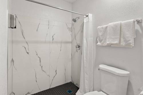 a white bathroom with a marble shower curtain and a toilet at Rodeway Inn in Palestine