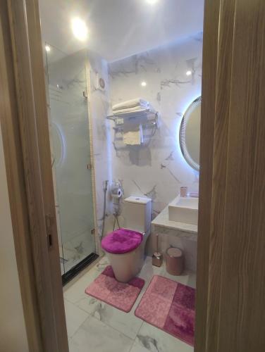 a bathroom with a shower and a toilet and a sink at DLX03 - Appartement Deluxe 2 chambres - Centre Ville Oujda in Oujda