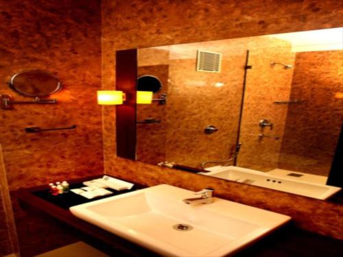 een badkamer met een wastafel en een grote spiegel bij SUNFLOWER HOTEL in Mysore