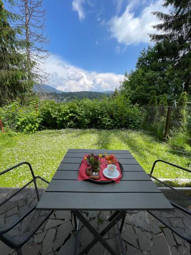 a black picnic table with a plate of food on it at Pension Casa del Sol Predeal in Predeal