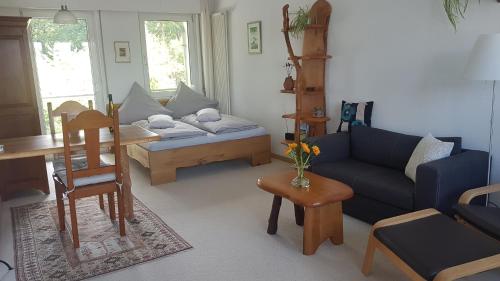 ein Wohnzimmer mit einem Sofa und einem Tisch in der Unterkunft Domizil Koblenz in Koblenz