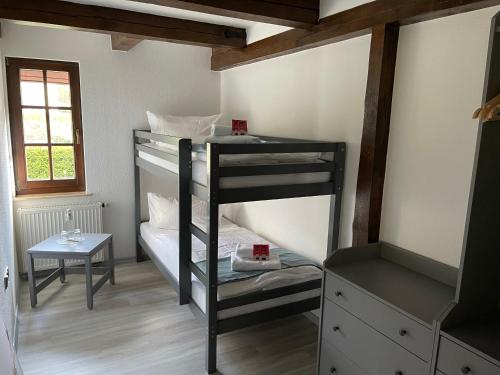 a room with two bunk beds and a table at Landhotel Der Distelhof mit Scheunencafé in Dillstädt