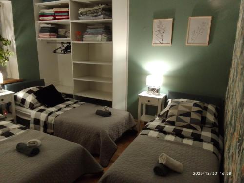 two beds in a room with green walls at Apartament Centrum Nowa Ruda in Nowa Ruda
