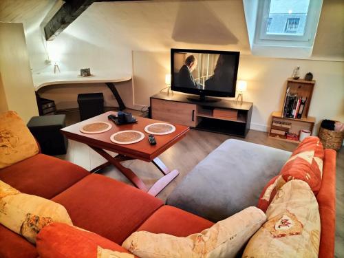 a living room with a couch and a tv at Chambre(s) dans loft partagé, cosy et spacieux! in Tarbes
