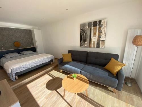 sala de estar con sofá y cama en 2 room independent appartement 5 mn from Annecy, en Veyrier-du-Lac