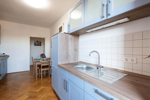 a kitchen with blue cabinets and a sink at Doppelhaus- Villa Leipzig Schleußig , moderner Altbau Apartment Dachetage mit 2 Schlafzimmern und separatem Zusatzzimmer , Parkplatz - Balkon - Kamin - Eicheparkett - Arbeitsplatz in Leipzig