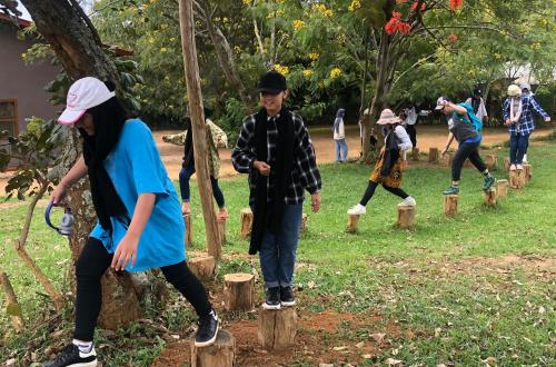 a group of children playing on tree stumps in a park at Lakeside Fish Farm in Bugesera