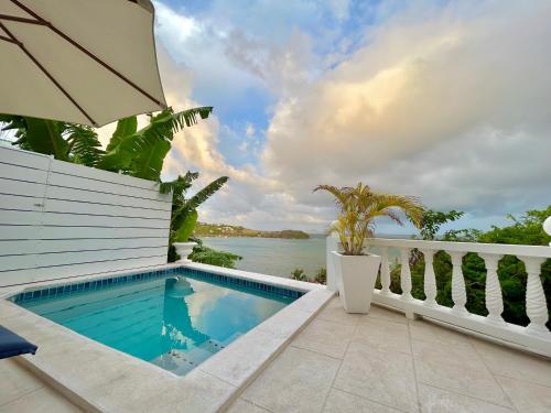 una piscina en un balcón con vistas al agua en Palm house, en Friendship