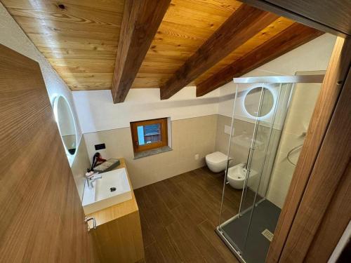 a bathroom with a toilet and a glass shower at Lo Stambecco Bianco Chalet in Aosta