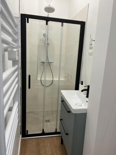 y baño con ducha y lavabo blanco. en T2 rénové - 2/4 p. Wi-Fi / Netflix, en Toulouse