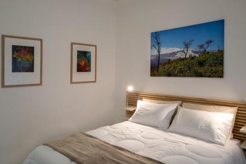 een slaapkamer met een bed met twee schilderijen aan de muur bij SARA GUEST HOUSE TAORMINA in Taormina