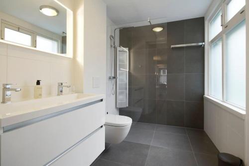 uma casa de banho com um WC, um lavatório e um chuveiro em NEW 4p renovated apartment @BEST location Jordaan em Amsterdã