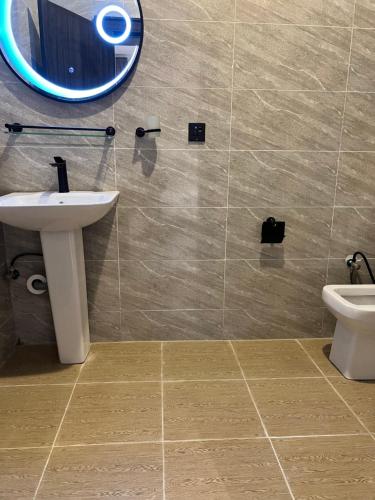 阿布賈的住宿－States Apartment，一间带水槽、卫生间和镜子的浴室