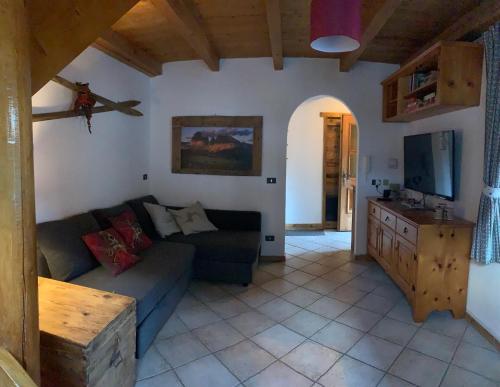 a living room with a couch and a tv at Cèsa Viosadea in Campitello di Fassa