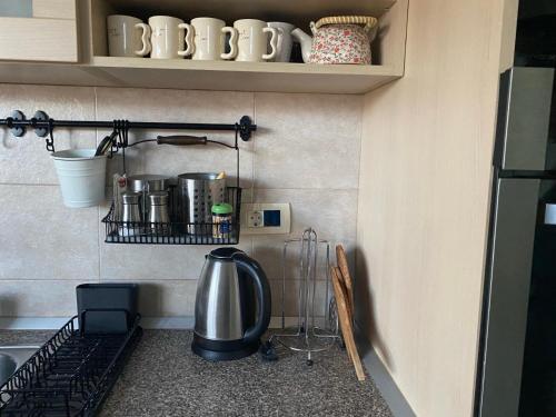a kitchen with a counter with pots and pans at Apartman Bianca in Palisad