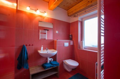 Baño rojo con lavabo y aseo en U Rožmberka Třeboňsko, en Lužnice