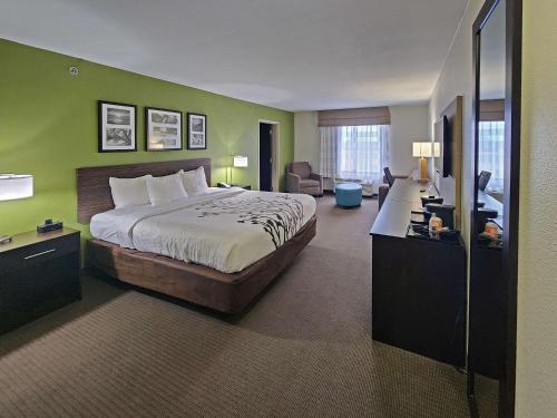 ColumbiaにあるSleep Inn & Suites Columbiaのベッドとデスクが備わるホテルルームです。