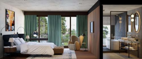 a bedroom with a large bed and a bathroom at Keight Hotel Opatija, Curio Collection By Hilton in Opatija