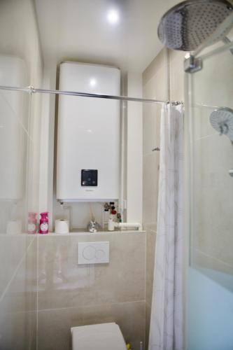 une salle de bain avec douche, toilettes et miroir dans l'établissement EIFFEL TOWER - Passy, à Paris