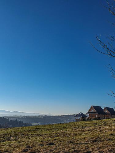 a group of houses on a hill in a field at Domki Na Grapie - z widokiem na Tatry in PyzÃ³wka