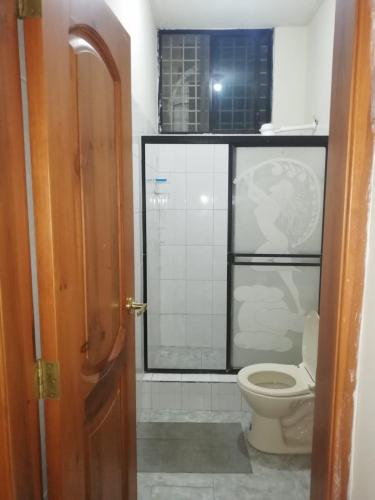 マチャラにあるRento Suite amoblada al norte de Machalaのバスルーム(トイレ、ガラス張りのシャワー付)