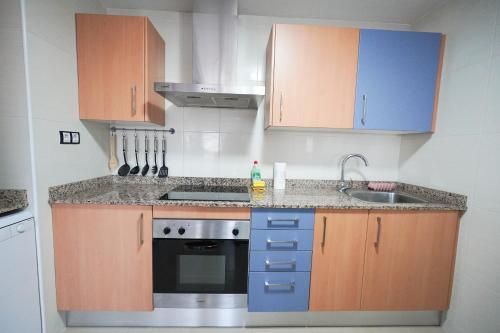 a kitchen with wooden cabinets and a sink at Les Orenetes de Sant Jaume in Sant Jaume d'Enveja