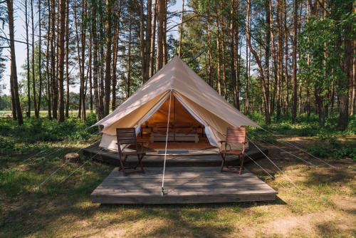 une tente avec des chaises sur une plateforme en bois dans une forêt dans l'établissement Natur Camp Birštonas Small Cabins, à Birštonas