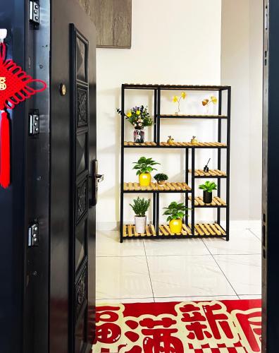 a room with a shelf with potted plants on it at 嘉乐民宿JIALE homestay in Kota Kinabalu
